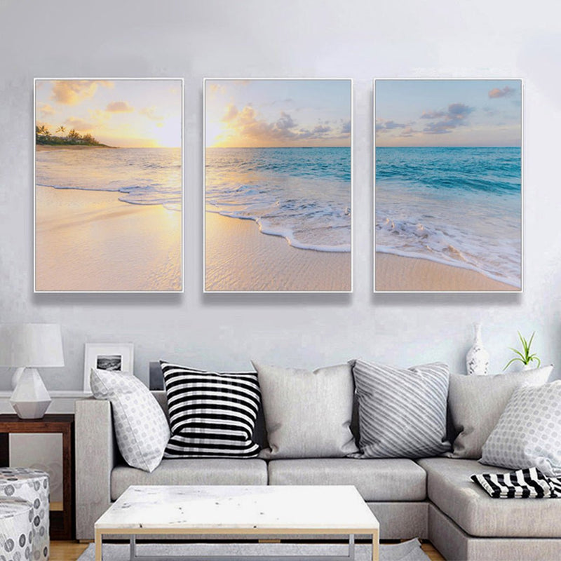 Wall Art 80cmx120cm Ocean and beach 3 Sets White Frame Canvas - NuSea