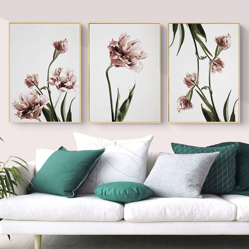 Wall Art 80cmx120cm Tulip Flower 3 Sets Gold Frame Canvas - NuSea