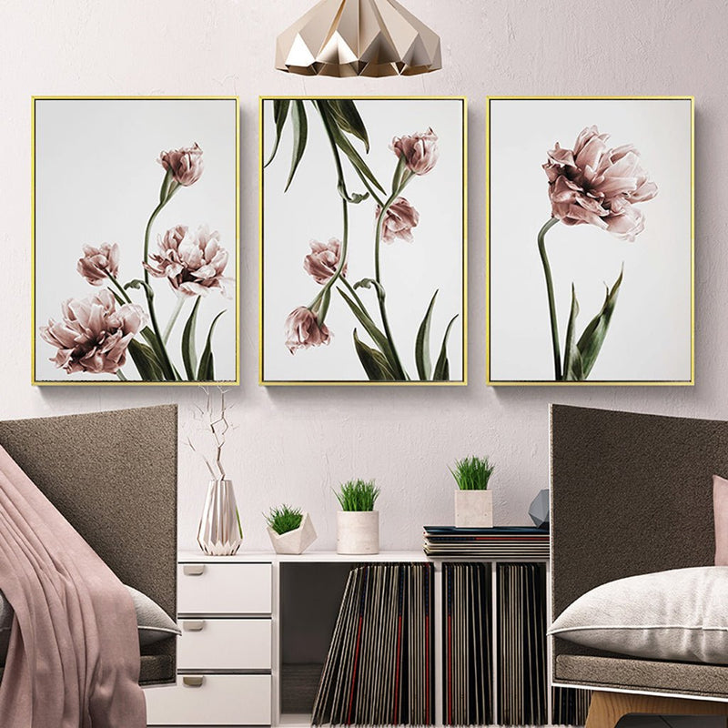 Wall Art 80cmx120cm Tulip Flower 3 Sets Gold Frame Canvas - NuSea