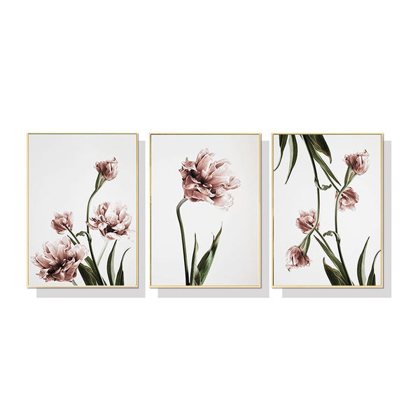 Wall Art 80cmx120cm Tulip Flower 3 Sets Gold Frame Canvas - NuSea