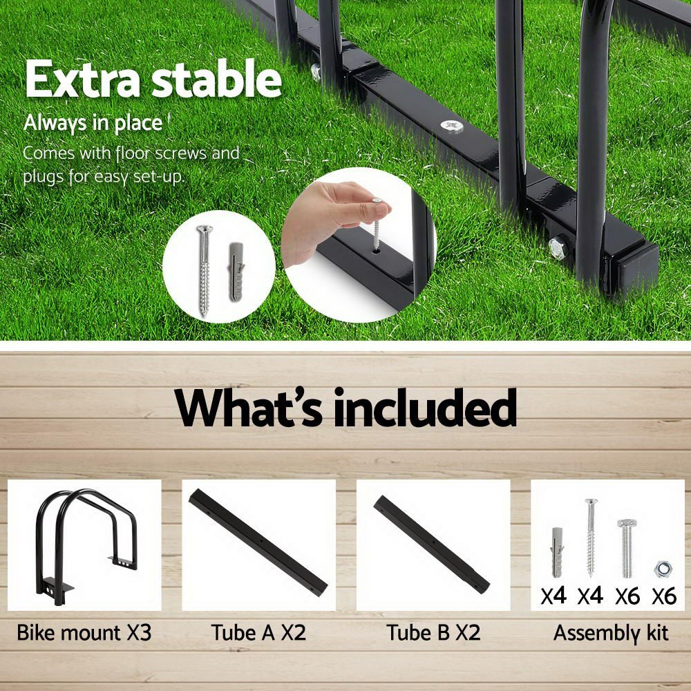 Weisshorn 3 Bike Stand Rack Bicycle Storage Floor Parking Holder Cycling Black - NuSea
