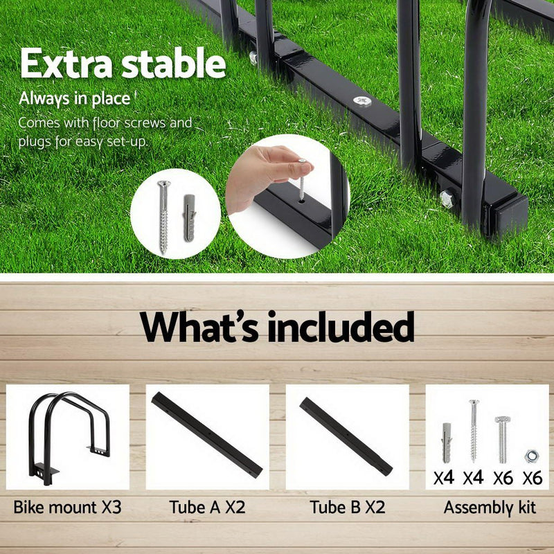 Weisshorn 3 Bike Stand Rack Bicycle Storage Floor Parking Holder Cycling Black - NuSea