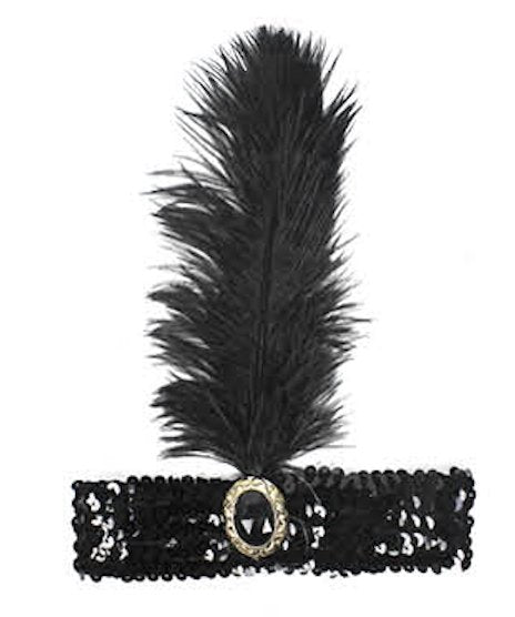 WIDE FLAPPER HEADBAND Feather Sequin Costume Gatsby Charleston Headpiece 1920s - Black - NuSea