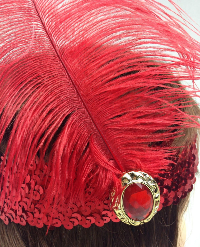 WIDE FLAPPER HEADBAND Feather Sequin Costume Gatsby Charleston Headpiece 1920s - Red - NuSea