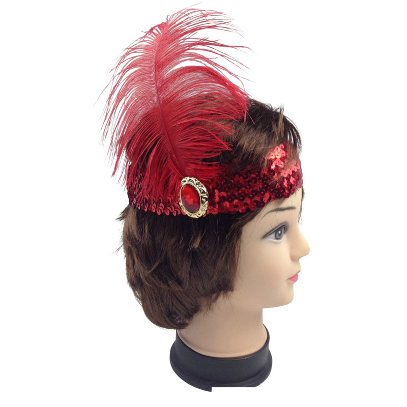 WIDE FLAPPER HEADBAND Feather Sequin Costume Gatsby Charleston Headpiece 1920s - Red - NuSea