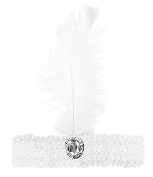 WIDE FLAPPER HEADBAND Feather Sequin Costume Gatsby Charleston Headpiece 1920s - White - NuSea