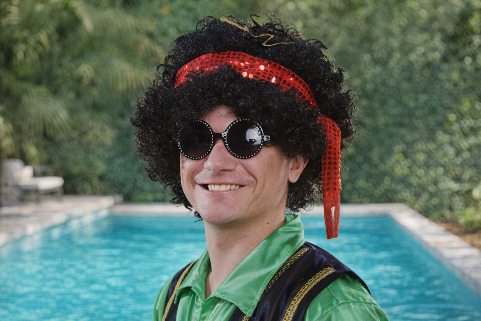 Retro Hippie Party Wig – Black Curly Afro with Red Sequin Headband