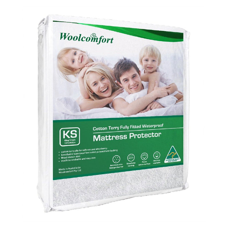 Woolcomfort Cotton Terry Fully Fitted Waterproof Mattress Protector King Single Size - NuSea