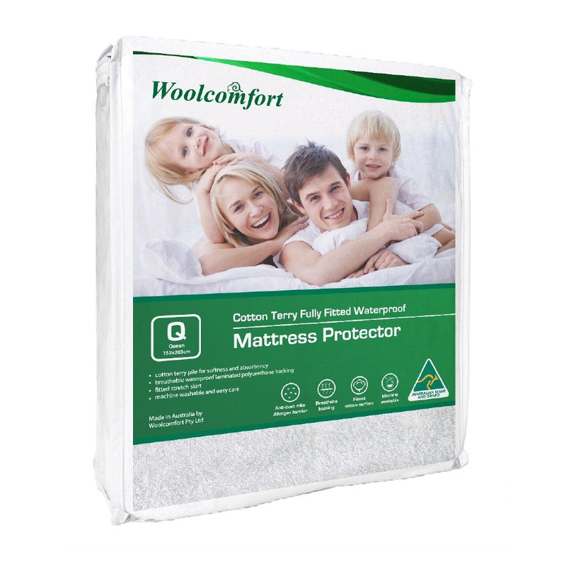 Woolcomfort Cotton Terry Fully Fitted Waterproof Mattress Protector Queen Size - NuSea