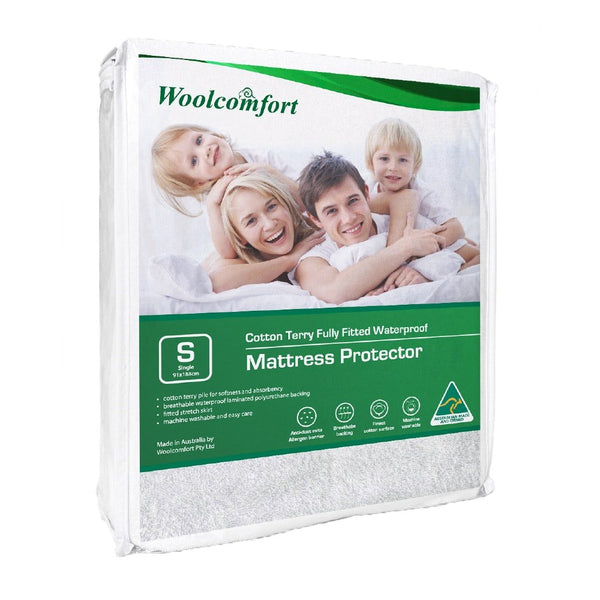 Woolcomfort Cotton Terry Fully Fitted Waterproof Mattress Protector Single Size - NuSea