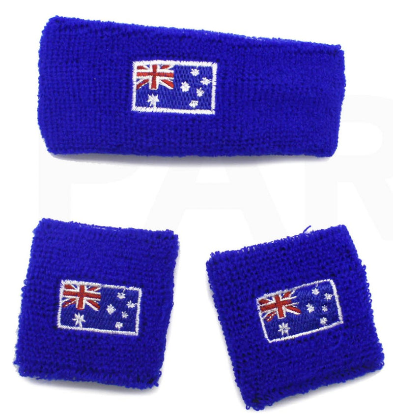 WRISTBAND & HEADBAND SET Tennis Terry Towelling Cotton Sweat Band Team Gym - Australia Flag - NuSea