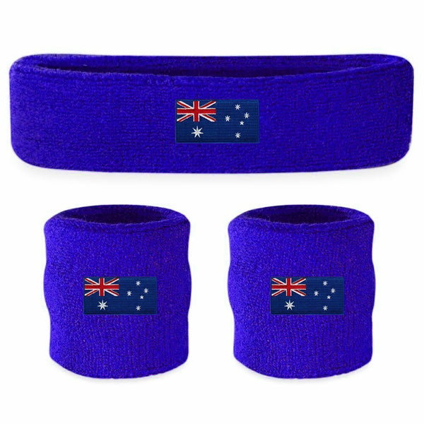 WRISTBAND & HEADBAND SET Tennis Terry Towelling Cotton Sweat Band Team Gym - Australia Flag - NuSea