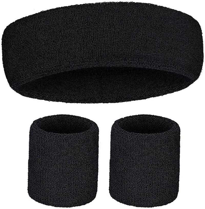 WRISTBAND & HEADBAND SET Tennis Terry Towelling Cotton Sweat Band Team Gym - Black - NuSea