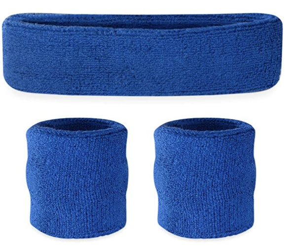 WRISTBAND & HEADBAND SET Tennis Terry Towelling Cotton Sweat Band Team Gym - Blue - NuSea