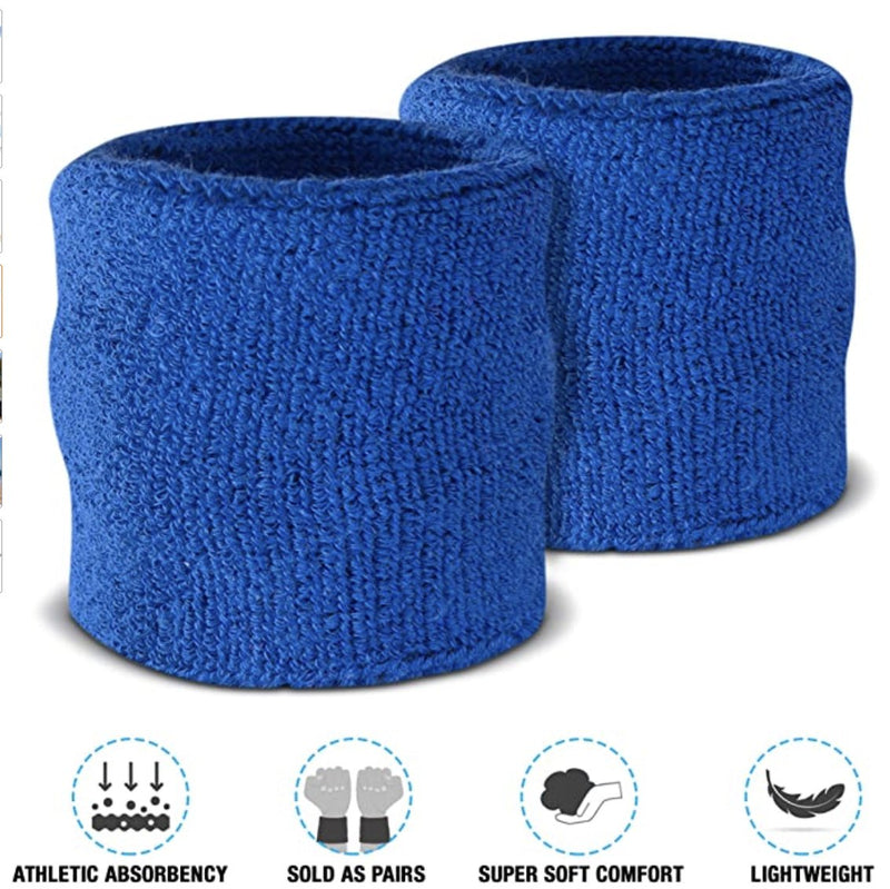 WRISTBAND & HEADBAND SET Tennis Terry Towelling Cotton Sweat Band Team Gym - Blue - NuSea