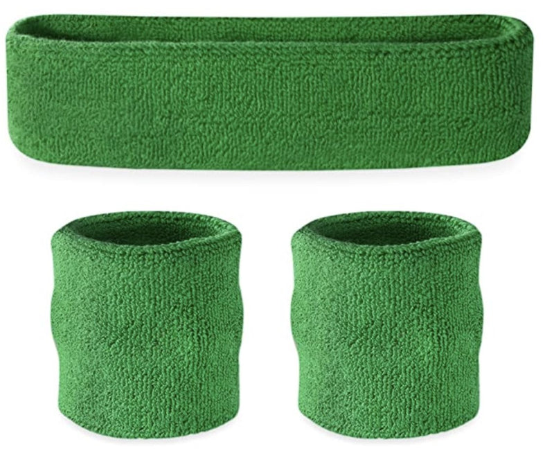 WRISTBAND & HEADBAND SET Tennis Terry Towelling Cotton Sweat Band Team Gym - Green - NuSea