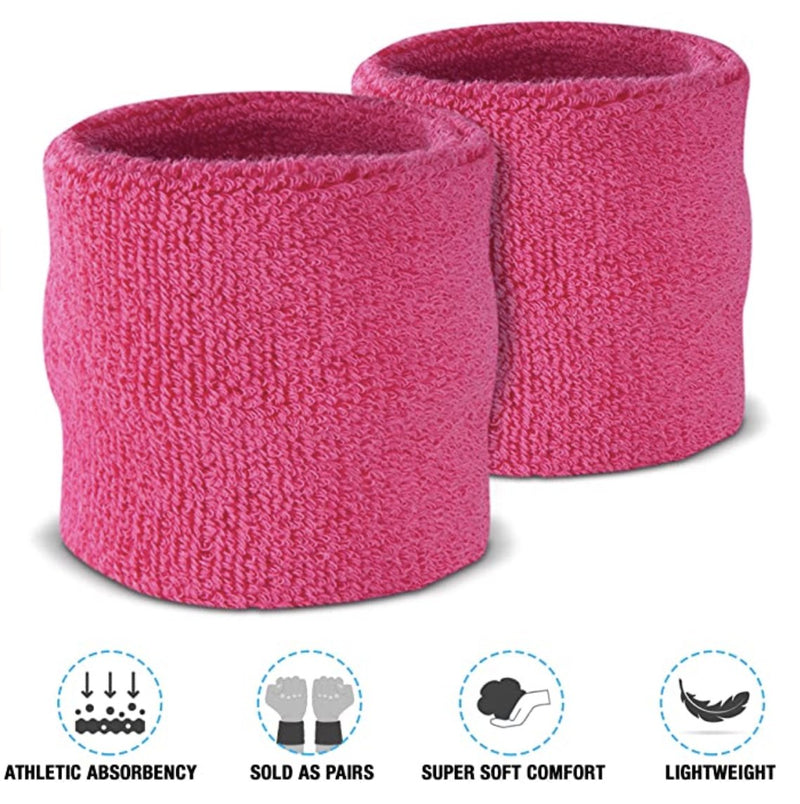 WRISTBAND & HEADBAND SET Tennis Terry Towelling Cotton Sweat Band Team Gym - Hot Pink - NuSea