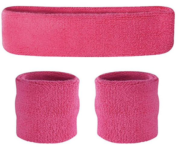 WRISTBAND & HEADBAND SET Tennis Terry Towelling Cotton Sweat Band Team Gym - Hot Pink - NuSea