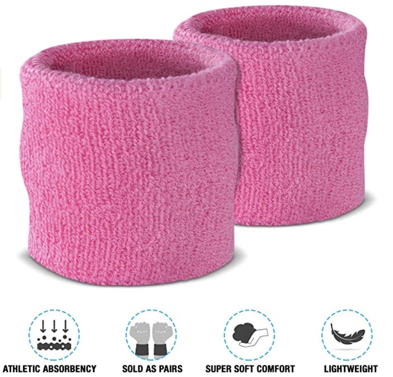 WRISTBAND & HEADBAND SET Tennis Terry Towelling Cotton Sweat Band Team Gym - Light Pink - NuSea