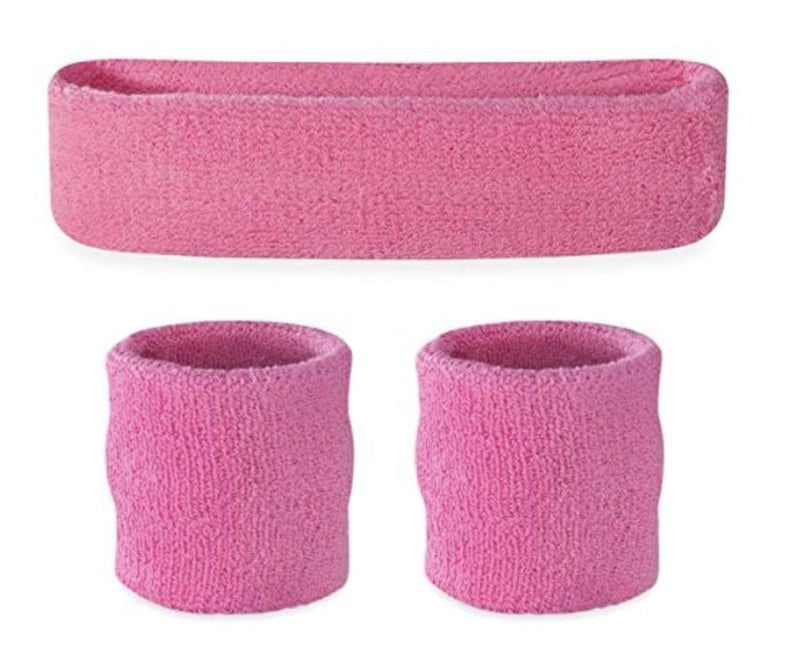 WRISTBAND & HEADBAND SET Tennis Terry Towelling Cotton Sweat Band Team Gym - Light Pink - NuSea