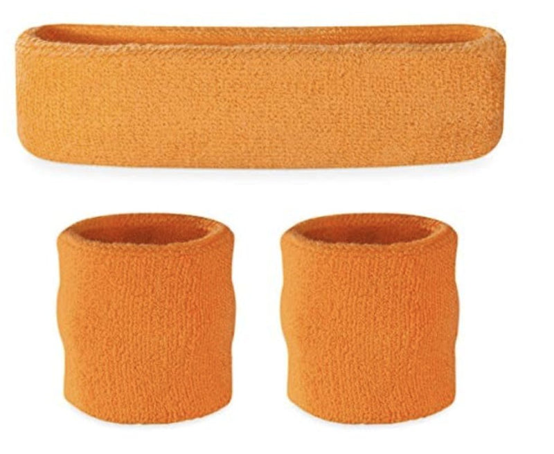 WRISTBAND & HEADBAND SET Tennis Terry Towelling Cotton Sweat Band Team Gym - Orange - NuSea