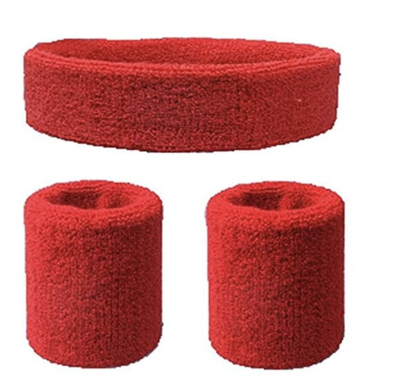 WRISTBAND & HEADBAND SET Tennis Terry Towelling Cotton Sweat Band Team Gym - Red - NuSea