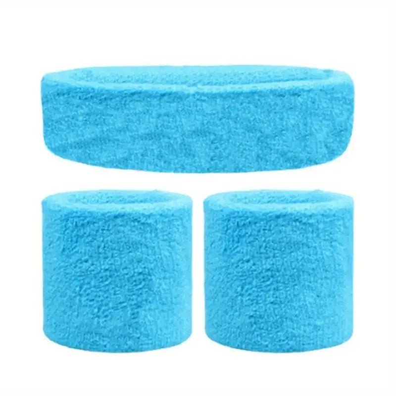 WRISTBAND & HEADBAND SET Tennis Terry Towelling Cotton Sweat Band Team Gym - Sky Blue - NuSea