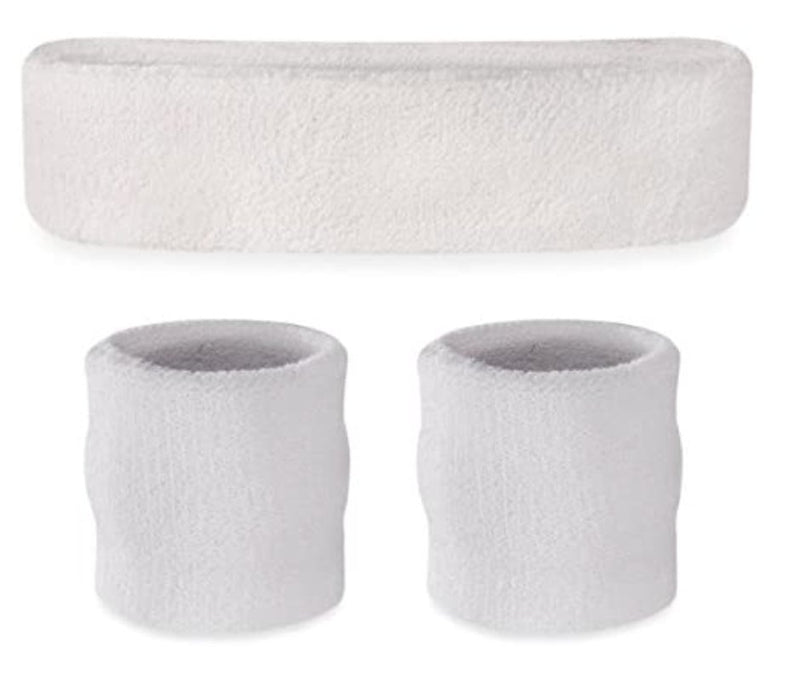 WRISTBAND & HEADBAND SET Tennis Terry Towelling Cotton Sweat Band Team Gym - White - NuSea