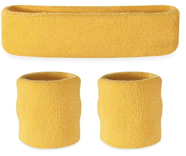 WRISTBAND & HEADBAND SET Tennis Terry Towelling Cotton Sweat Band Team Gym - Yellow - NuSea