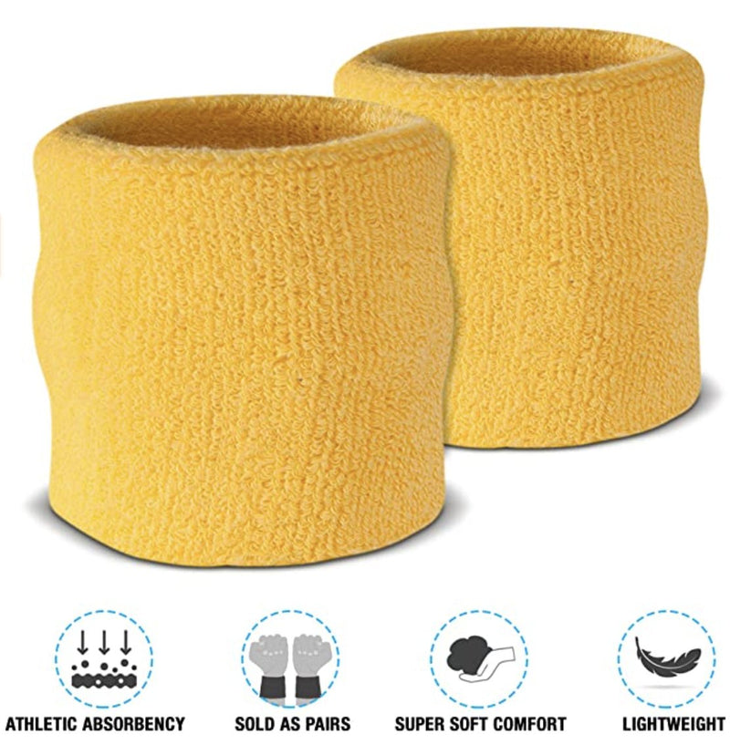 WRISTBAND & HEADBAND SET Tennis Terry Towelling Cotton Sweat Band Team Gym - Yellow - NuSea